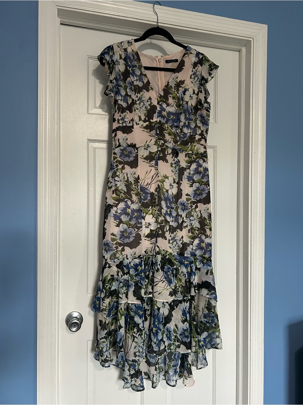 Tommy Hilfiger size 10 pink blue floral ruffle tier skirt midi cocktail dress